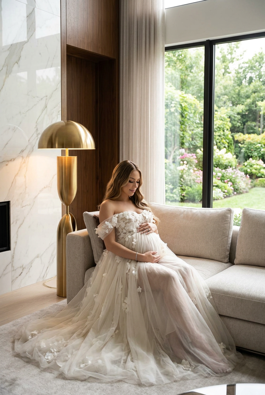 Retrato editorial de maternidad en un penthouse o mansión moderna